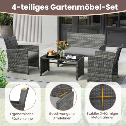 4-Piece Grey Rattan Patio Set with Loveseat & Table