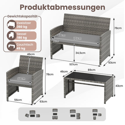 4-Piece Grey Rattan Patio Set with Loveseat & Table