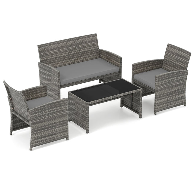 4-Piece Grey Rattan Patio Set with Loveseat & Table