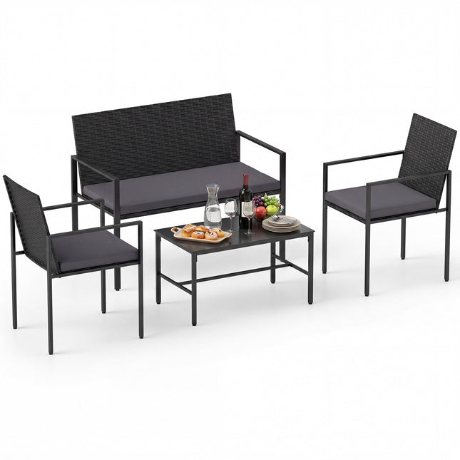 4-Piece Outdoor Rattan Furniture Set with Cushions