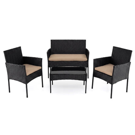 4-Piece PE Rattan Patio Set With Cushions, Glass Table