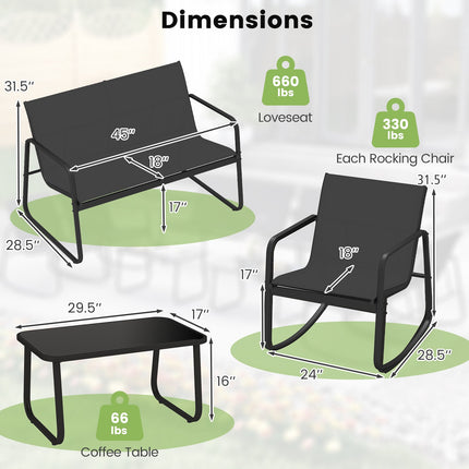4-Piece Patio Furniture Set, Rocking Chairs, Glass Table, Black