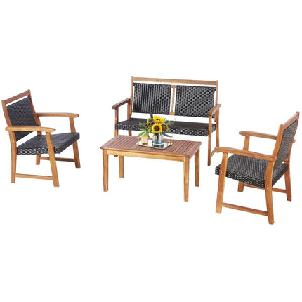 4 Piece Patio Rattan Conversation Set with Acacia Wood Frame Sectional Furniture Set for Garden