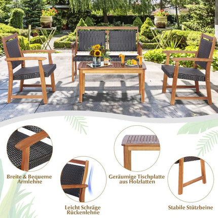 4 Piece Patio Rattan Conversation Set with Acacia Wood Frame Sectional Furniture Set for Garden