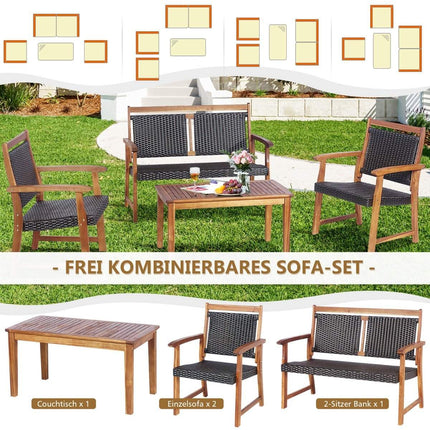 4 Piece Patio Rattan Conversation Set with Acacia Wood Frame Sectional Furniture Set for Garden