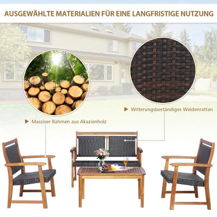 4 Piece Patio Rattan Conversation Set with Acacia Wood Frame Sectional Furniture Set for Garden