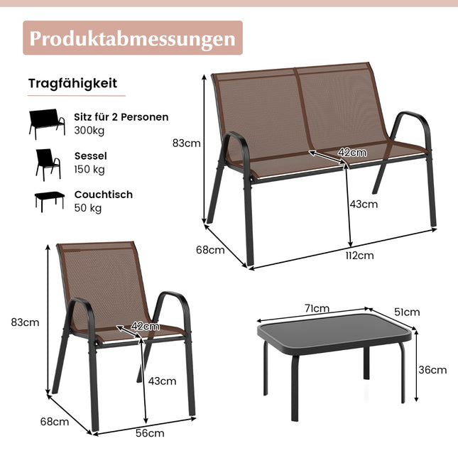 4-Piece Patio Set with Metal Frame & Glass Table