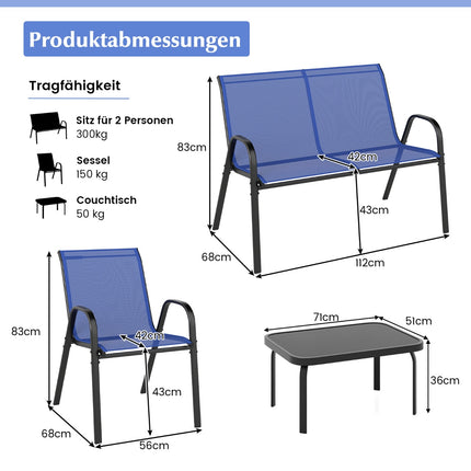 4-Piece Patio Set with Metal Frame & Glass Tabletop