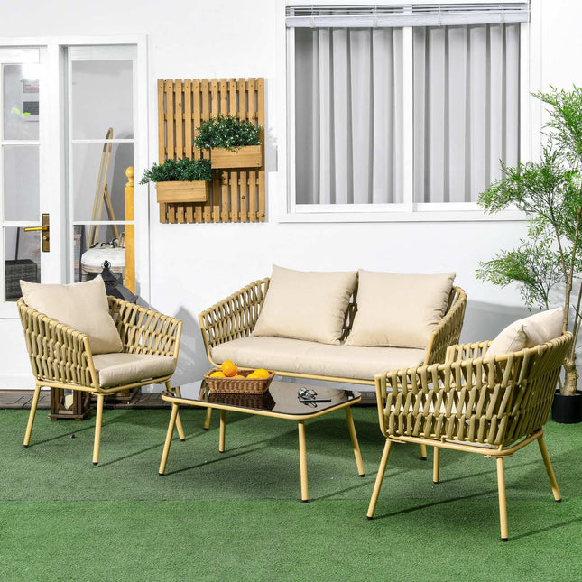 Rattan garden set - sofa, armchairs, table, cushions