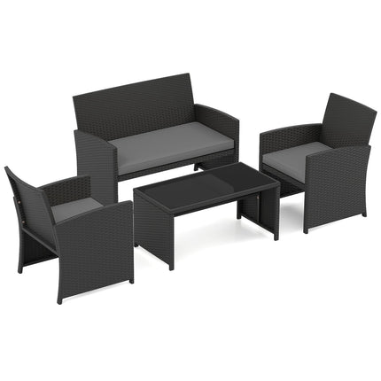 4-Piece Rattan Outdoor Sofa Set with Glass Table, Grey