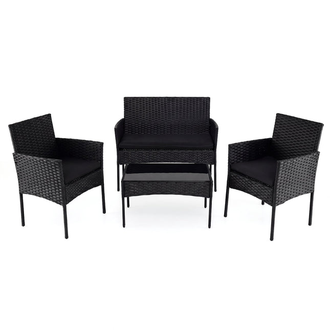 4-Piece Rattan Patio Furniture Set, Cushions, Black