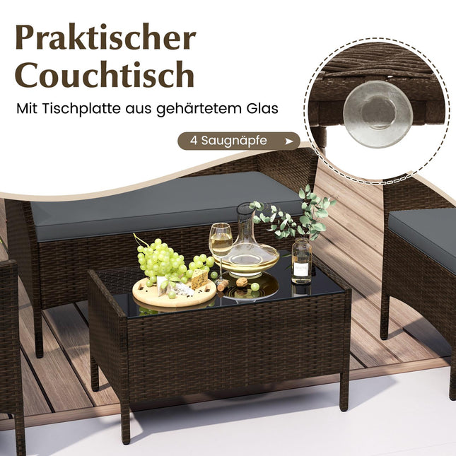 4-Piece Rattan Patio Set with Cushions and Table, Grey