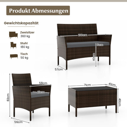 4-Piece Rattan Patio Set with Cushions and Table, Grey