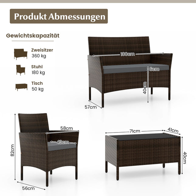 4-Piece Rattan Patio Set with Cushions and Table, Grey