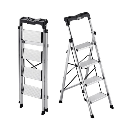 4-Step Folding Aluminum Ladder, 150 kg, Anti-Slip Steps