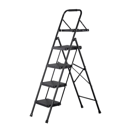 4-Step Folding Steel Ladder, Anti-Slip Steps, Tool Tray