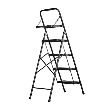 4-Step Folding Steel Ladder, Anti-Slip Steps, Tool Tray