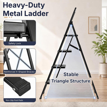 4-Step Folding Step Stool with Wide Anti-Slip Pedals, Black, 330 lbs Max Load