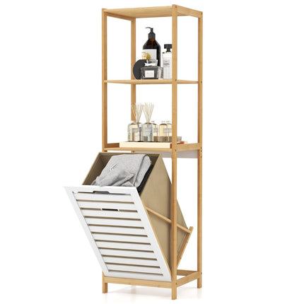 4-Tier Bamboo Bathroom Shelf with Tilt Laundry Basket