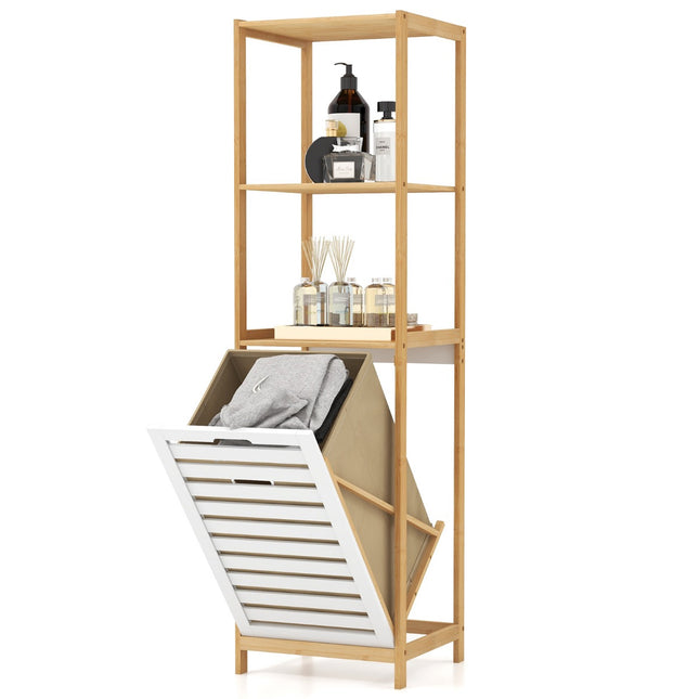 4-Tier Bamboo Bathroom Shelf with Tilt Laundry Basket