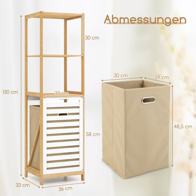 4-Tier Bamboo Bathroom Shelf with Tilt Laundry Basket