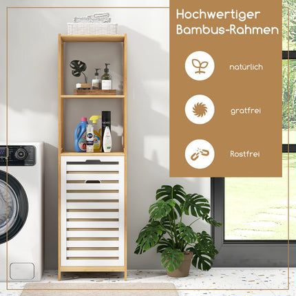 4-Tier Bamboo Bathroom Shelf with Tilt Laundry Basket