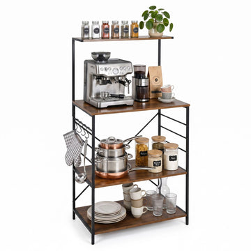 4-Tier Black Kitchen Shelf with Hooks – Metal & MDF