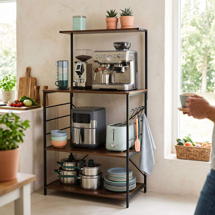 4-Tier Black Kitchen Shelf with Hooks – Metal & MDF
