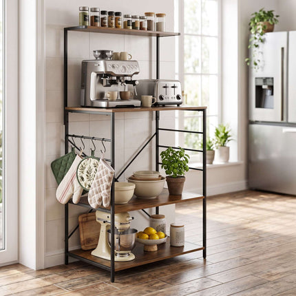 4-Tier Black Kitchen Shelf with Hooks – Metal & MDF