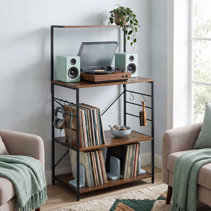 4-Tier Black Kitchen Shelf with Hooks – Metal & MDF