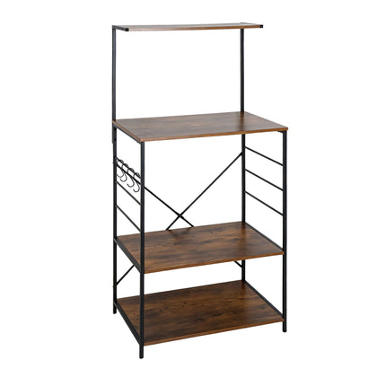 4-Tier Black Kitchen Shelf with Hooks – Metal & MDF