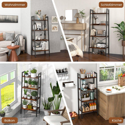 4 Tier Bookcase with Metal Frame & Adjustable Foot Pads Rustic Brown