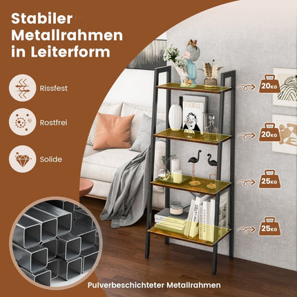 4 Tier Bookcase with Metal Frame & Adjustable Foot Pads Rustic Brown