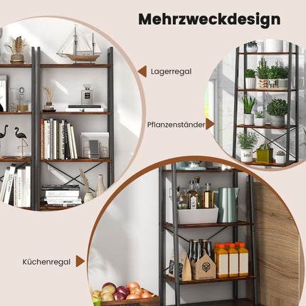 4 Tier Bookcase with Metal Frame & Adjustable Foot Pads Rustic Brown