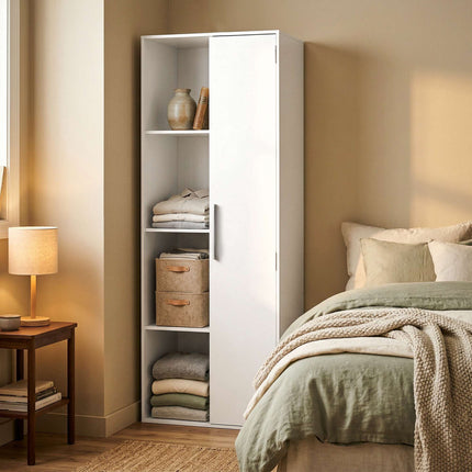 4-Tier Bookshelf with Adjustable Shelves and Cabinet, White