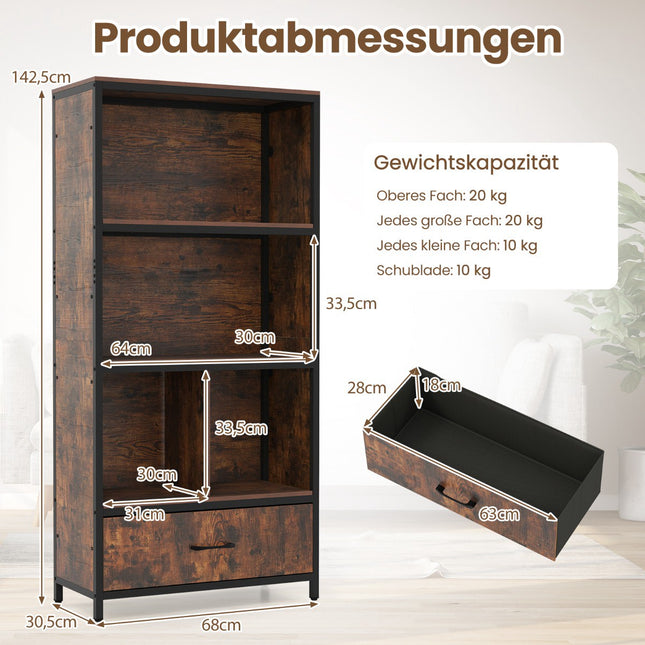 4-Tier Bookshelf with Open Shelves & Fabric Drawer, Brown