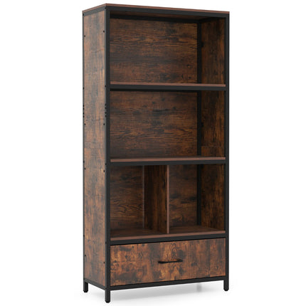 4-Tier Bookshelf with Open Shelves & Fabric Drawer, Brown