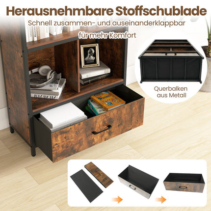 4-Tier Bookshelf with Open Shelves & Fabric Drawer, Brown