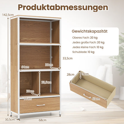 4-Tier Bookshelf with Open Shelves & Fabric Drawer