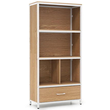 4-Tier Bookshelf with Open Shelves & Fabric Drawer