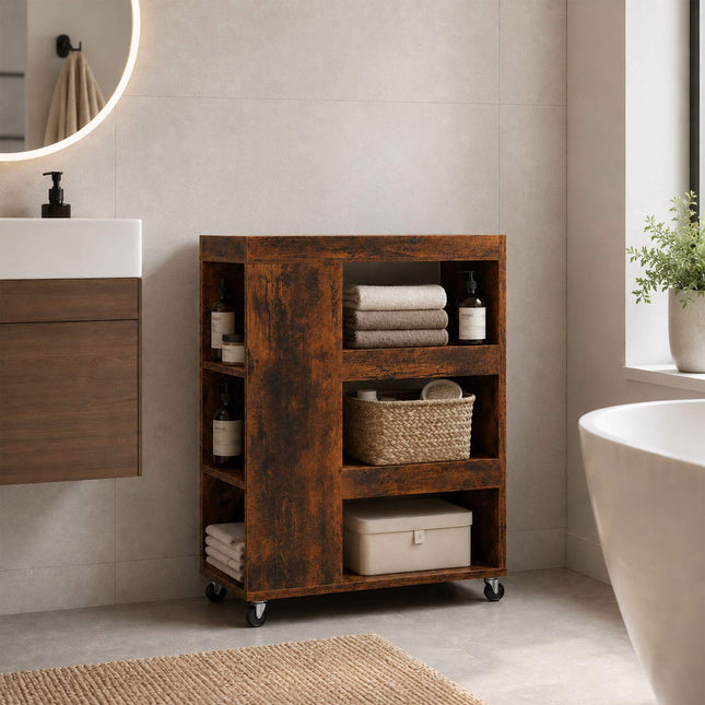 4-Tier Brown Kitchen Trolley with Shelves & Compartments