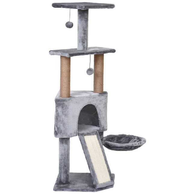 Cat tree, 4-story with hanging bed & sisal posts, gray