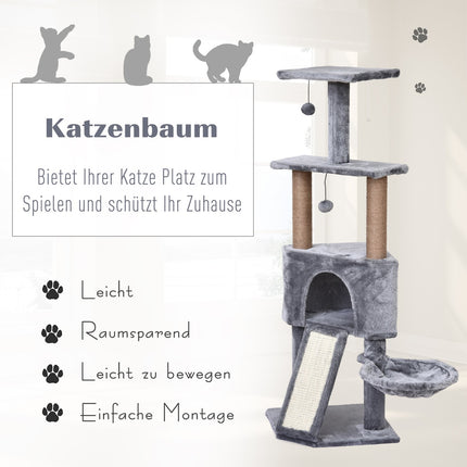 Cat tree, 4-story with hanging bed & sisal posts, gray