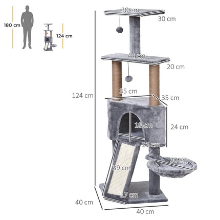 Cat tree, 4-story with hanging bed & sisal posts, gray