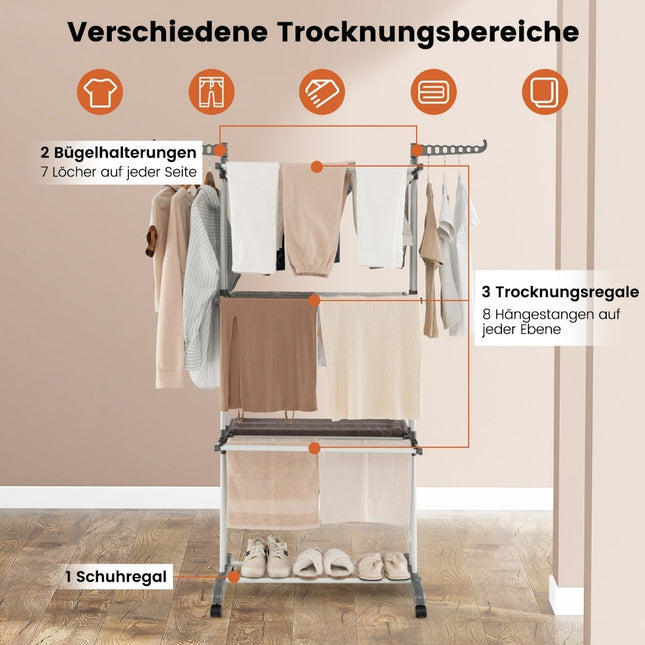 4-Tier Foldable Clothes Drying Rack with Wheels, Grey