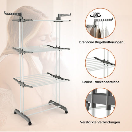 4-Tier Foldable Clothes Drying Rack with Wheels, Grey