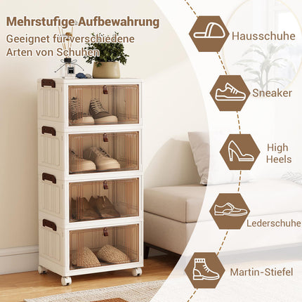 4-Tier Foldable Shoe Storage Box with Wheels, White