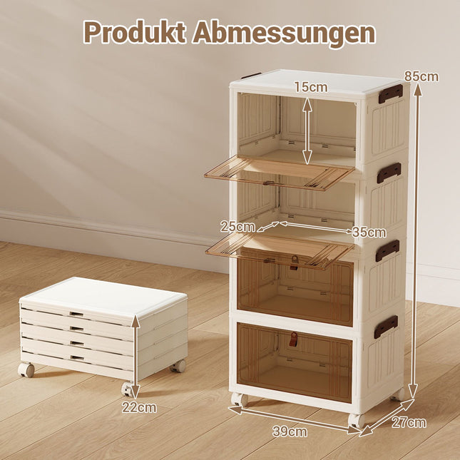 4-Tier Foldable Shoe Storage Box with Wheels, White