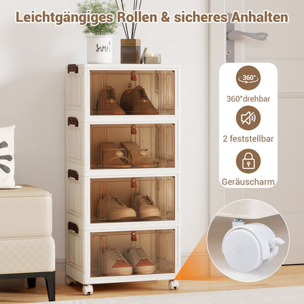 4-Tier Foldable Shoe Storage Box with Wheels, White