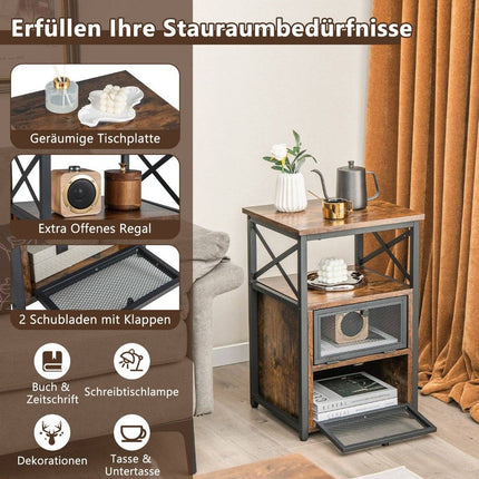 4-Tier Industrial Side Table with 2 Foldable Drawers, 60.5x40x35 cm